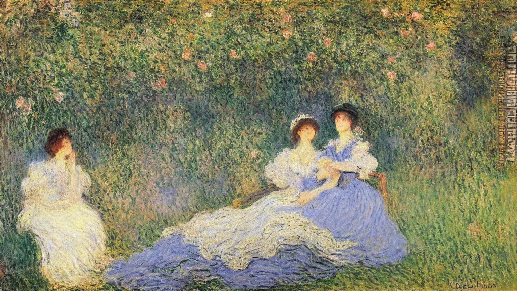 Image similar to a portrait of two women!!! who are lovers!! by Claude Monet!!! in french gardens! oil painting, romantic