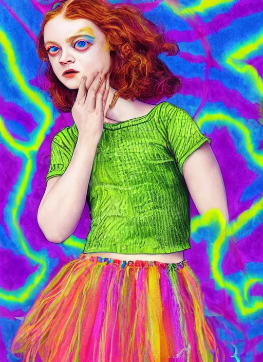 Image similar to surrealism psychedelic full body portrait sketch of sadie sink as delirium of the endless in fishnet top and rainbow tutu skirt from the sandman, floating goldfish, green and blue eye heterochromia by alex ross, josh kirby, detailed, elegant, intricate