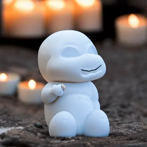 Image similar to a white marble statue of reddit snoo surrounded by lit candles