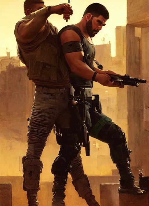 Image similar to big mike fighting javier. cyberpunk meathead wearing a military vest and combat gear. Meathead trying to intimidate cyberpunk hacker. (Cyberpunk 2077, bladerunner 2049). Iranian orientalist portrait by john william waterhouse and Edwin Longsden Long and Theodore Ralli and Nasreddine Dinet, oil on canvas. Cinematic, hyper realism, realistic proportions, dramatic lighting, high detail 4k