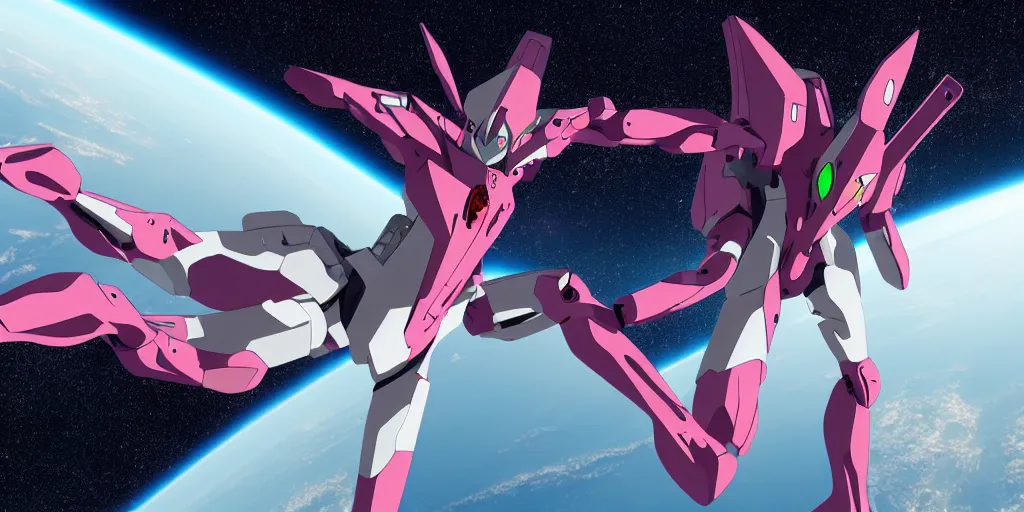 Image similar to two eva 0 0 from neon genesis evangelion, fighting and floating in space, 8 k, highly detailed