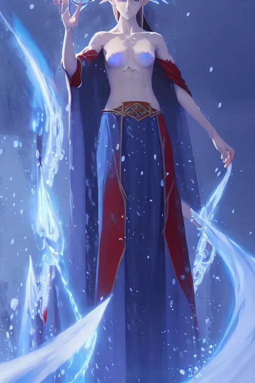 Image similar to elf female sorcerer doing water magic spells, blue robes, red hair, finely detailed perfect face, exquisite details, mid view, design on a white background, by studio muti, greg rutkowski makoto shinkai takashi takeuchi studio ghibli