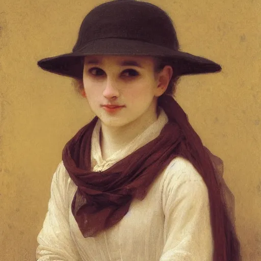 Image similar to A portrait of a fox wearing a scarf and a boater hat by Robert Cleminson and William-Adolph Bouguereau