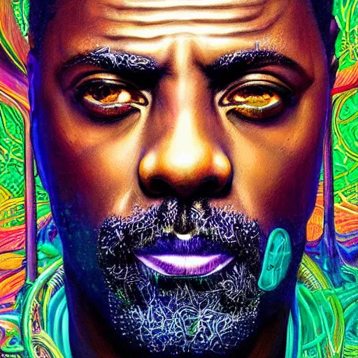 Image similar to portrait of idris elba, hyper detailed masterpiece, neon floral pattern, jean giraud, digital art painting, darkwave goth aesthetic, psychedelic, artgerm, donato giancola and tom bagshaw