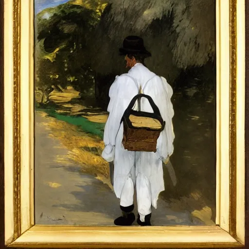 Image similar to A traveling merchant with a huge backpack full of wares. Fantasy, painted by Manet, portrait.