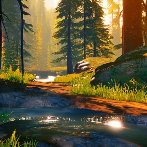 Prompt: a river running through a forest. life is strange 2, beautiful, peaceful, sunflare