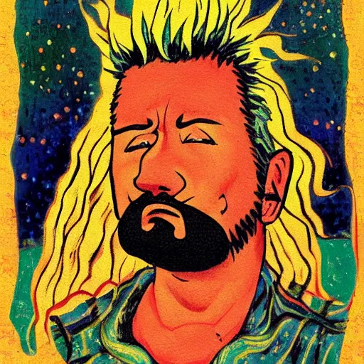 Image similar to sad ominous painting of guy fieri sitting in a field at night, in the style of studio ghibli and moebius and claude monet and vincent van gogh