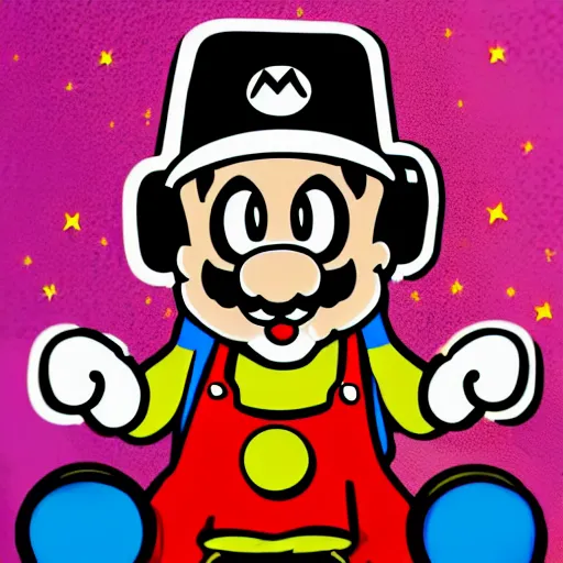 Image similar to svg sticker of a Pop-Wonder SuperMario, Mario-Wearing-a-red-hat, at a rave, spinning records, giant headphones rocking out, wearing headphones, huge speakers, dancing, rave, DJ, spinning records, digital art, amazing composition, rule-of-thirds, award-winning, trending on artstation, featured on deviantart