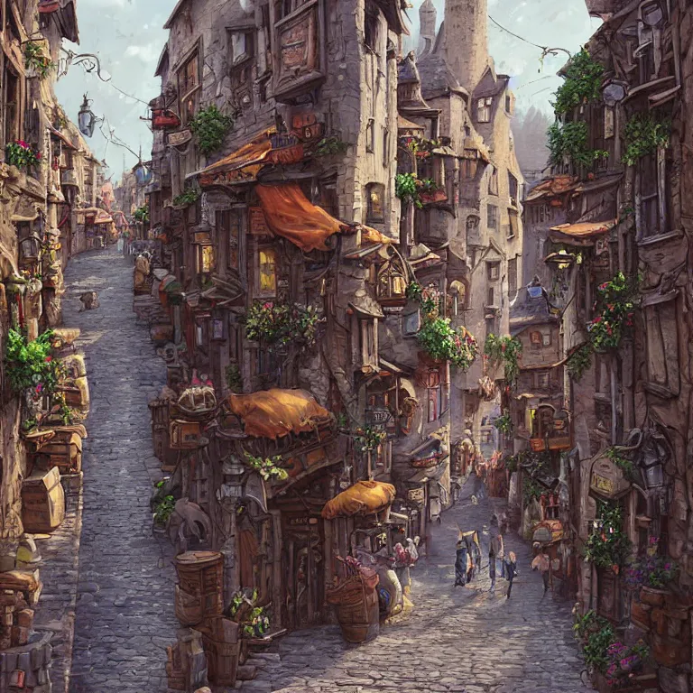 Image similar to a busy fantasy street looking down one street within a fascinating old city, quirky shops, narrow streets, old buildings, cobblestones on the ground, stone steps, street life, by Sylvain Sarrailh, single street, cinematic, simple but effective composition, clean lines, beautiful digital painting, oil painting, detailed, dungeons and dragons, lord of the rings