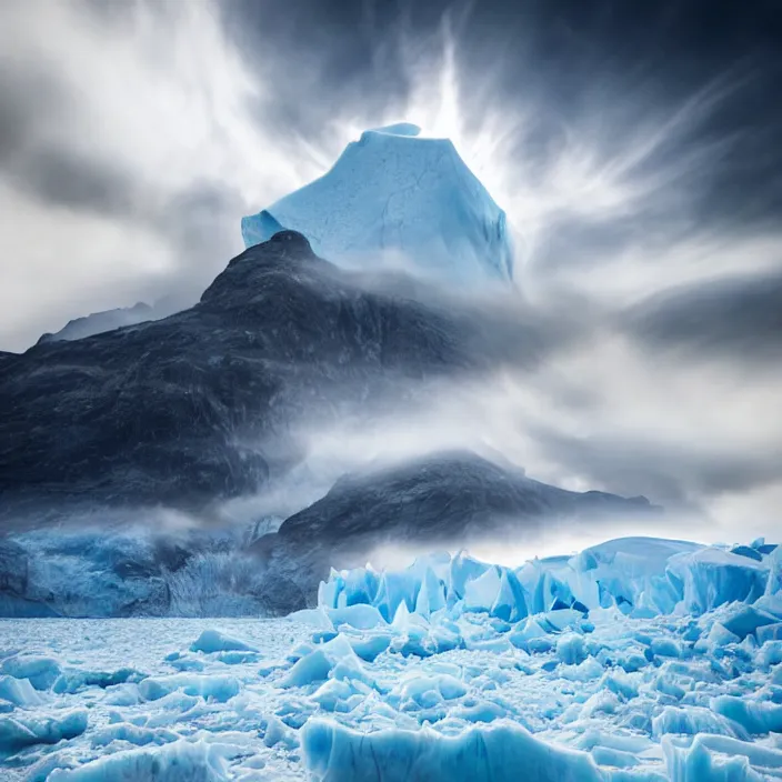 Prompt: award winning photo of floating glacier in the air surrounded by clouds and mist, mysterious, photo taken from below