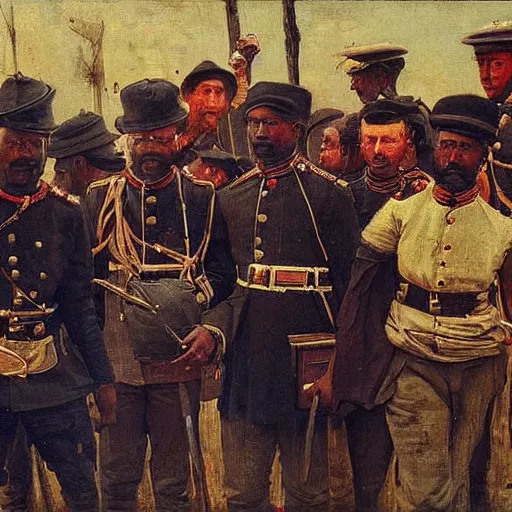 Prompt: british colonial officers in Lagos, 1905, bright colours highly detailed, oil on canvas, by Ilya Repin