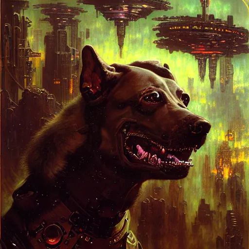 Prompt: portrait german dogman canine nerd neuromancer. spaceship futuristic city. shadowrun cyberpunk fantasy d & d painting by gaston bussiere craig mullins jc leyendecker gustav klimt artgerm greg rutkowski john berkey, bergey, craig mullins, ruan jia, raymond swanland, tom lovell