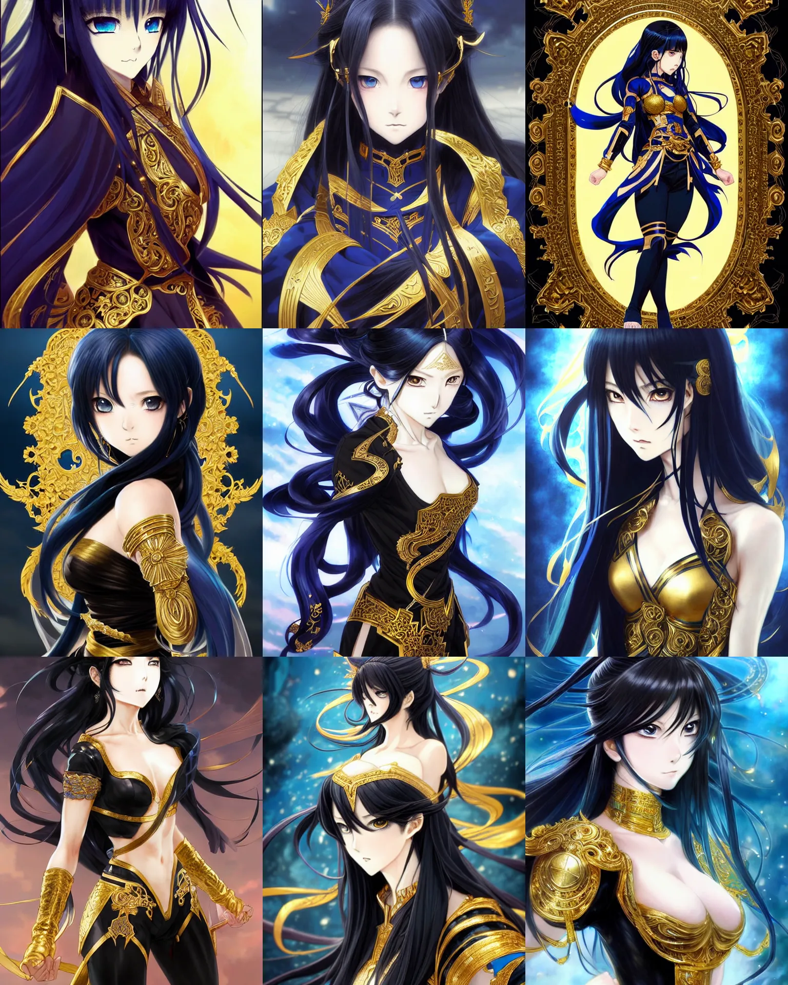 Prompt: beautiful anime portrait of a female fighter!! long black hair! blue eyes! fighting stance!!!! intricate ornate gold and black outfit!!! elegant, artbook, fine details by stanley artgerm lau, wlop, rossdraws, james jean, andrei riabovitchev, marc simonetti, and sakimichan, trending on artstation