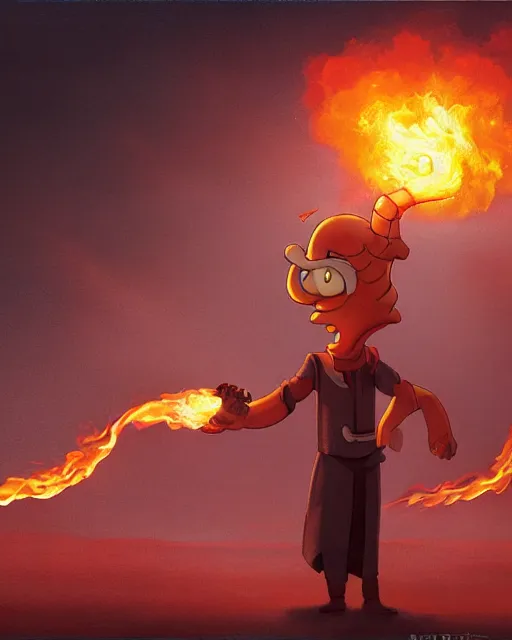 Image similar to wide shot, detailed photorealistic ( ( cartoony ) ) face, squidward, wearing fire nation clothing and practicing firebending outside at susnset, [ greg rutkowski ]