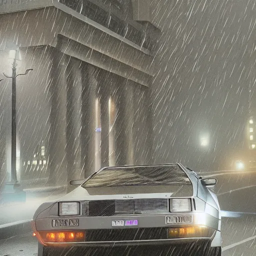 Image similar to hyperdetailed, photorealistic photograph of a dmc 1 2 delorean driving in the streets, rain, night, dense fog, hd, unreal engine 5