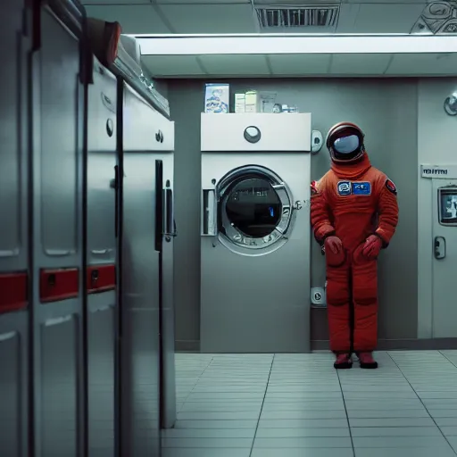 Image similar to a beautiful photo of an astronaut waiting in a laundromat, soft light, morning light, photorealistic, realistic, octane, 8k, cinematic shot