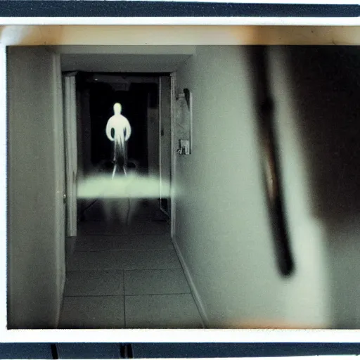 Image similar to A creepy polaroid photo of Jesus chasing you down a hallway