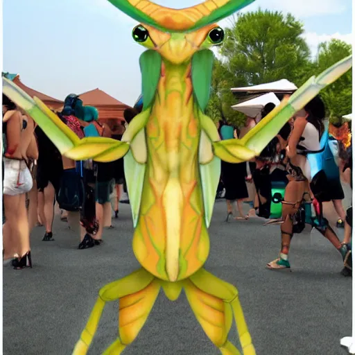 Prompt: praying mantis fursona at a furry convention