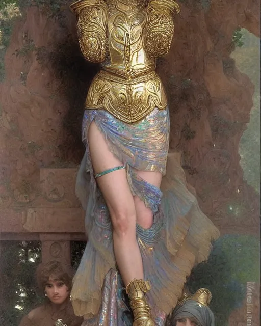 Prompt: a girl who resembles a 16-year old Audrey Hepburn and Scarlett Johansson, dressed in ornate, detailed, intricate iridescent opal armor, detailed oil painting by William Adolphe Bouguereau and Donato Giancola