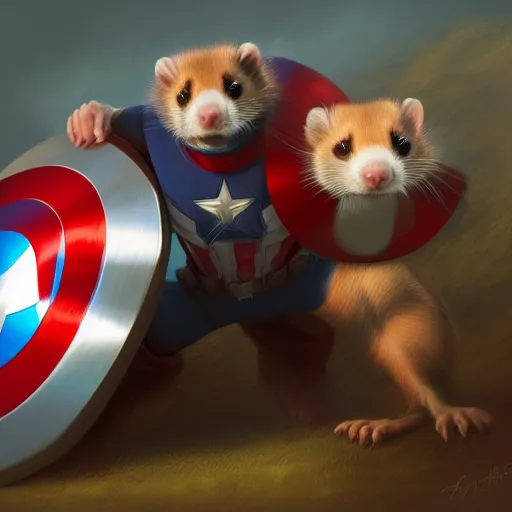 Prompt: A ferret is cuddling Captain America's shield, hyperdetailed, artstation, cgsociety, 8k