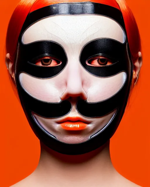 Image similar to symmetrical close - up portrait of a woman wearing a translucent silicone beauty mask and orange hair, wearing a black bodysuit by alexander mcqueen, black background, soft diffused light, biotechnology, humanoide robot, bjork aesthetic, translucent, by rineke dijkstra, intricate details, highly detailed, masterpiece,