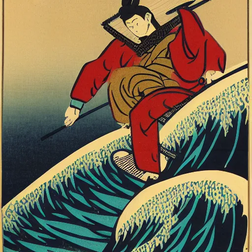 Prompt: man snowboarding woodblock print, style of hokusai, fine art, style of kanagawa, painting