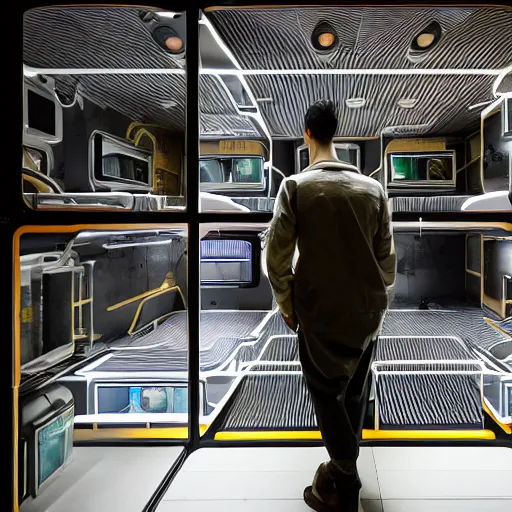 Prompt: he looks out from the interior of his capsule hotel and gazes upon the toxic cesspool that is the future, dark and gritty cyberpunk noir