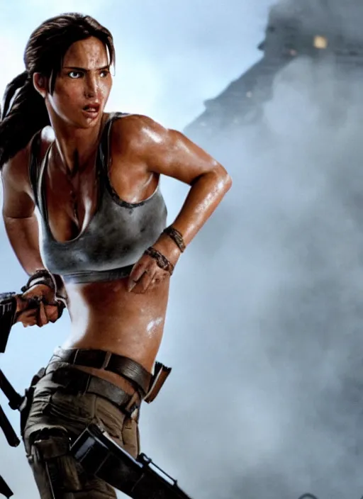 Image similar to film still of Lara Croft as John McClane in Die Hard, Thicc, Bulging chest, 4k