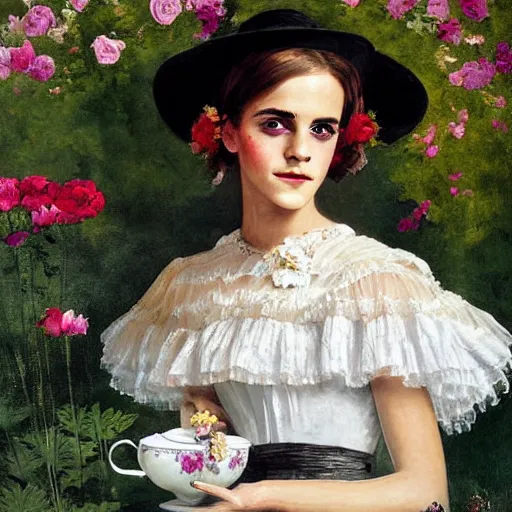 Image similar to painting hanging on wall full body fashion model emma watson by Winslow Homer smokey eyes makeup eye shadow fantasy, glow, shimmer as victorian woman in a long white frilly lace dress and a large white hat having tea in a sunroom filled with flowers, roses and lush fern flowers ,intricate, night, highly detailed, dramatic lighting , high quality