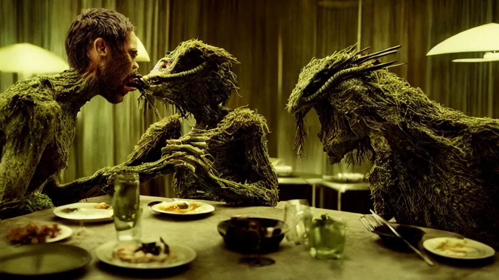 Image similar to the strange creature likes to eat, made of Chlorophyll and metal, film still from the movie directed by Denis Villeneuve with art direction by Salvador Dalí