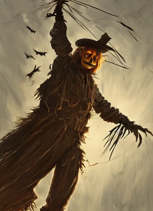 Prompt: powerful male scarecrow, willem dafoe as scarecrow, land of oz, full body character concept, covered in full leather armor, art nouveau, super powers, fantasy, intricate, elegant, highly detailed, digital painting, artstation, concept art, shining, sharp focus, illustration, art by stanley lau