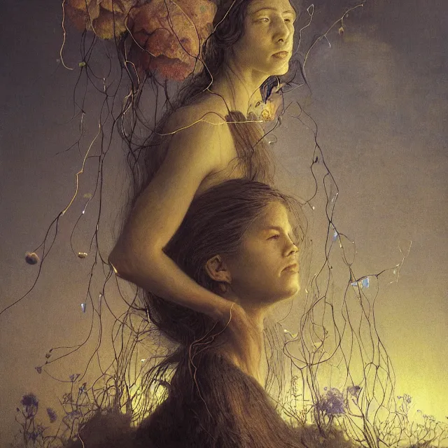 Prompt: A portrait of a woman wearing clothes made out of thunder clouds and flowers, hundreds of people floating still in air, apocalypse, yellow skin, Masterpiece, glowing, wires everywhere, by Edgar Maxence and Ross Tran, Zdzisław Beksiński, and Michael Whelan, distant, gustav dore, H.R. Giger, 8k, octane render