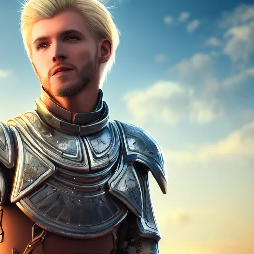 Prompt: a handsome blonde male human paladin, short hair, ultra detailed, cinematic shot, photorealistic, octane render, high definition, drawn by aenaluck, fine details, 8 k, with nature background