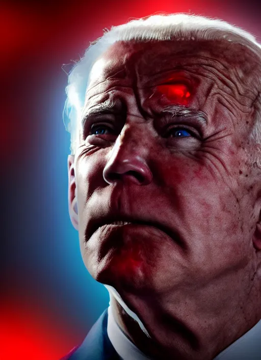 Image similar to hyper realistic ultra realistic godlike photo furious red glowing eyes biden, high quality photo, detailed , 8k