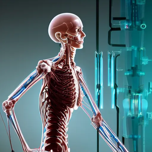 Image similar to medium photographic shot a biomechnical human with artifcial muscle tendons bones, microcircuits, tubes, cables, pumps, in the style of westworld, artificial lighting, cybernetic automatized robot factory, cyberpunk, artificial neon light, photorealistic, ultra detailled, by annie leibowitz