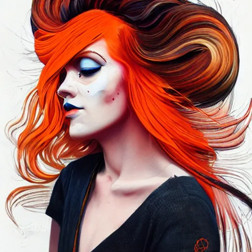 Prompt: portrait painting of a trendy woman with swept back wild orange hair, fashionable, windy, face paint, sharp focus, award - winning, trending on artstation, masterpiece, highly detailed, intricate. art by josan gonzales and moebius and deathburger