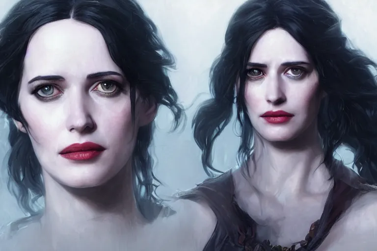 Image similar to A portrait of Eva Green as Yennefer from the Witcher 3 Game by Ruan Jia and Mandy Jurgens and Artgerm and william-adolphe bouguerea, highly detailed, trending on artstation, award winning, H 768