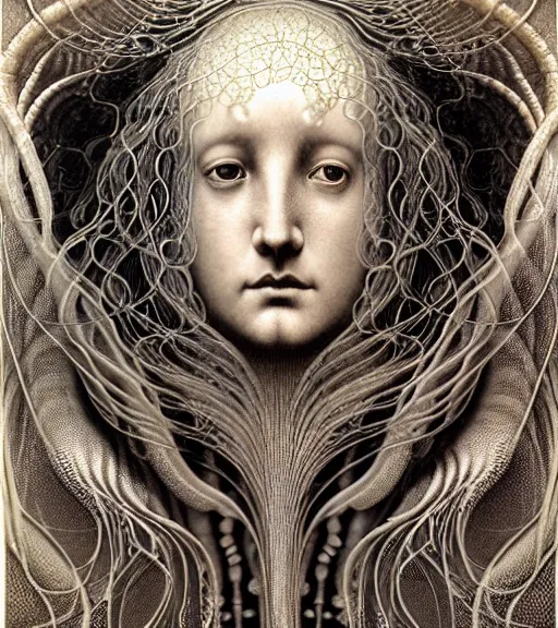 Prompt: detailed realistic beautiful jellyfish goddess face portrait by jean delville, gustave dore, iris van herpen and marco mazzoni, art forms of nature by ernst haeckel, art nouveau, symbolist, visionary, gothic, neo - gothic, pre - raphaelite, fractal lace, intricate alien botanicals, biodiversity, surreality, hyperdetailed ultrasharp octane render