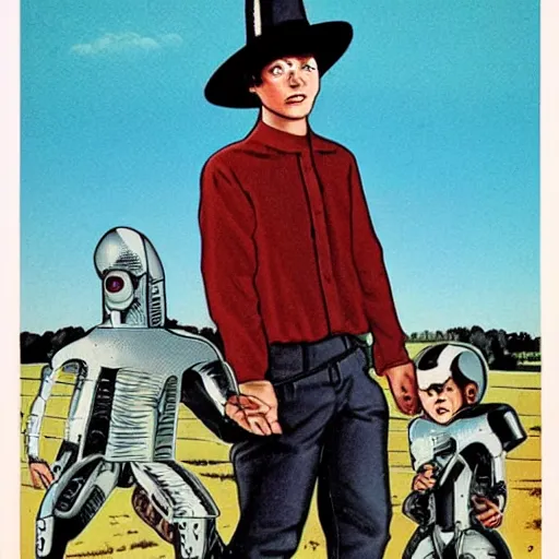 Image similar to Amish Cyborg, 1980s science fiction movie poster