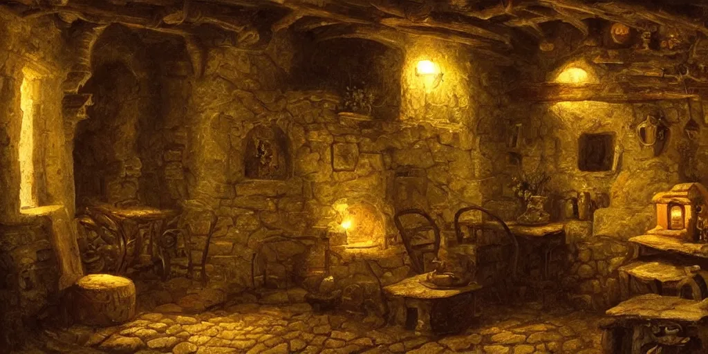 Prompt: medieval cottage interior at night, fantasy