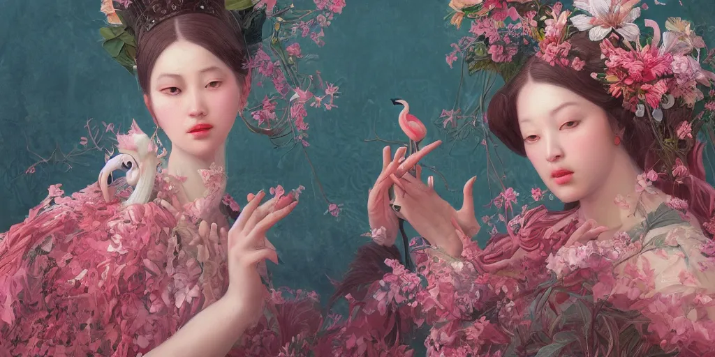 Image similar to breathtaking detailed concept art painting of the goddess of flamingo, orthodox saint, with anxious, piercing eyes, ornate background, amalgamation of leaves and flowers, by Hsiao-Ron Cheng and John James Audubon, extremely moody lighting, 8K