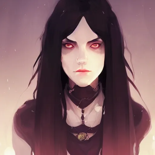 Image similar to female human vampire witch in the style of greg rutkowski, makoto shinkai, trending on artstation, character design, concept art, pretty face, highly detailed, long black hair, portrait, digital art