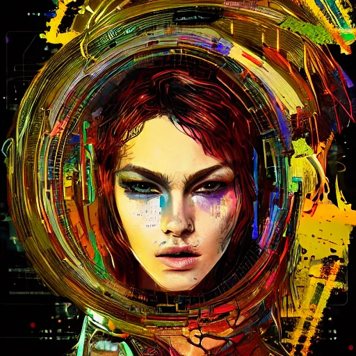 Prompt: sexy beautiful woman head made of mech mask rendered in unreal engine, cinematic, cyberpunk, microchips, wires out of core processor, dark scifi, painted by lisa frank | bernard buffet | carne griffiths | wlop