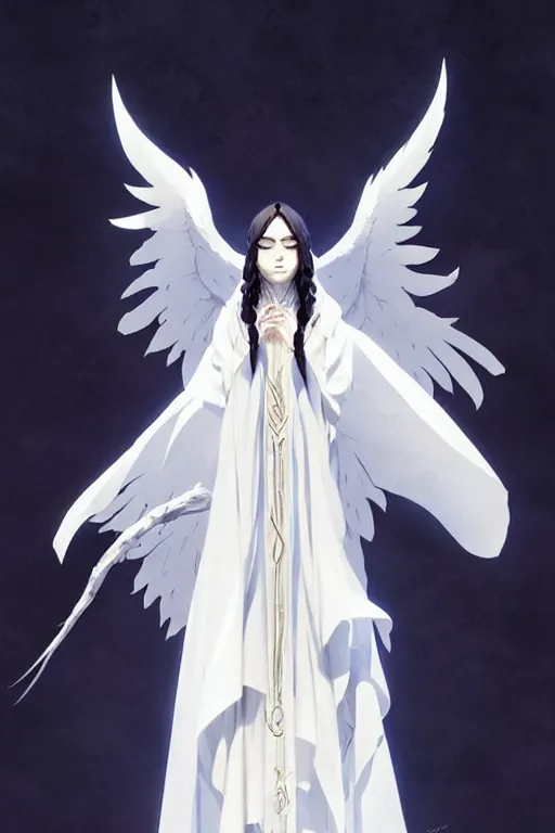 Image similar to raven headed warlock doing magic spells wind, white robes, finely detailed perfect face, exquisite details, mid view, design on a white background, by studio muti, greg rutkowski makoto shinkai takashi takeuchi studio ghibli