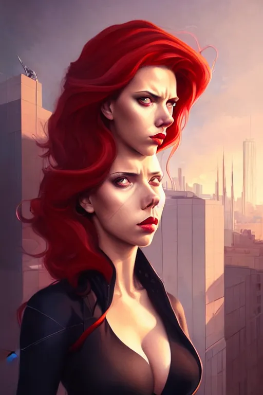 Image similar to peter mohrbacher, phil noto, artgerm, pretty scarlett johansson black widow, symmetrical eyes, long red hair, city rooftop