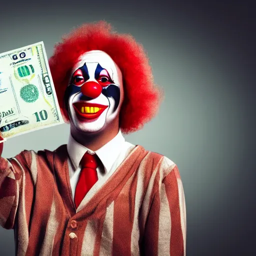 Image similar to A clown holding a dollar banknote, background is a slum, cinematic, epic, highly-detailed, photo realistic