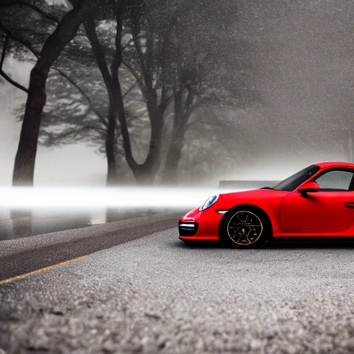 Image similar to parked red Porsche 911 Turbo car, fog, rain, volumetric lighting, beautiful, golden hour, sharp focus, highly detailed, cgsociety