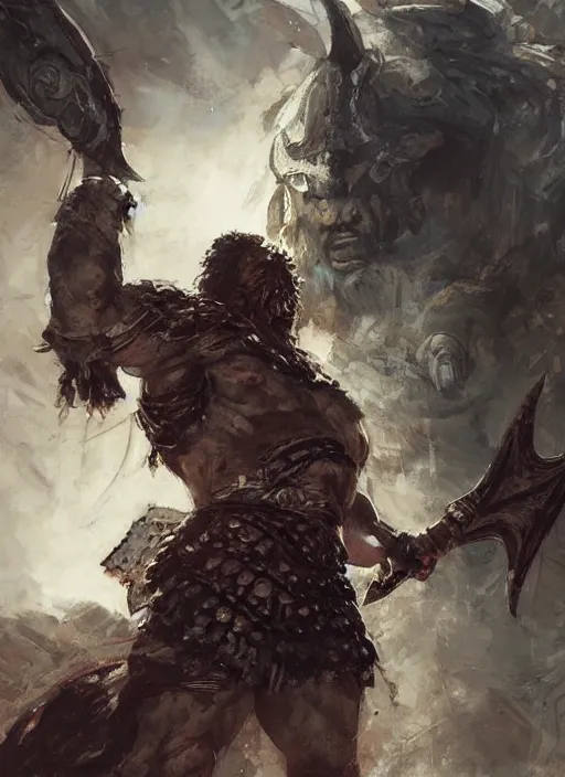 Image similar to ancient historically accurate depiction of the Bible Character Goliath of Gath, the Philistine warrior giant in ancient persian chainmail armor, dramatic lighting art by Yoji Shinkawa by Richard Schmid by greg rutkowski by Sandra Chevrier by Jeremy Lipking cinematic dramatic