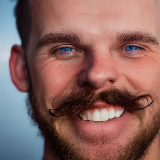 Prompt: 8k highly detailed selfie photo of the most deliriously happy man, super big smile, really really happy, blue eyes, brown hair, mustache, symmetrical face, handsome,