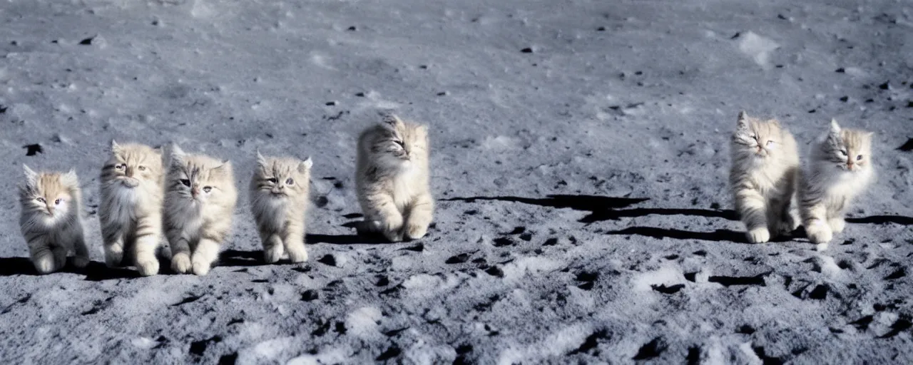 Image similar to group of fluffy baby cats in a space suit walking on the moon, cute photo, 8k UHD, national geographic